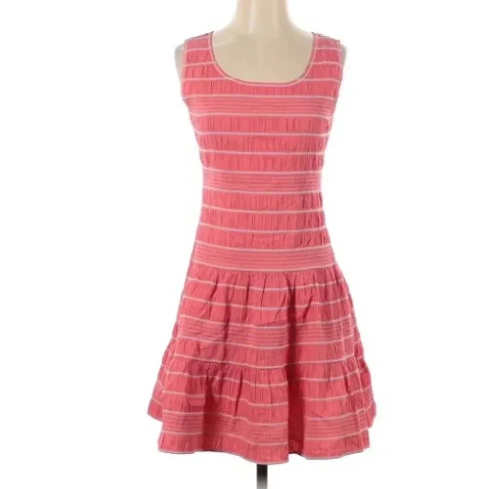 MSSP‎ Max Studio Coral Pink Striped Tiered Ruffle Sleeveless Dress Large 3001064